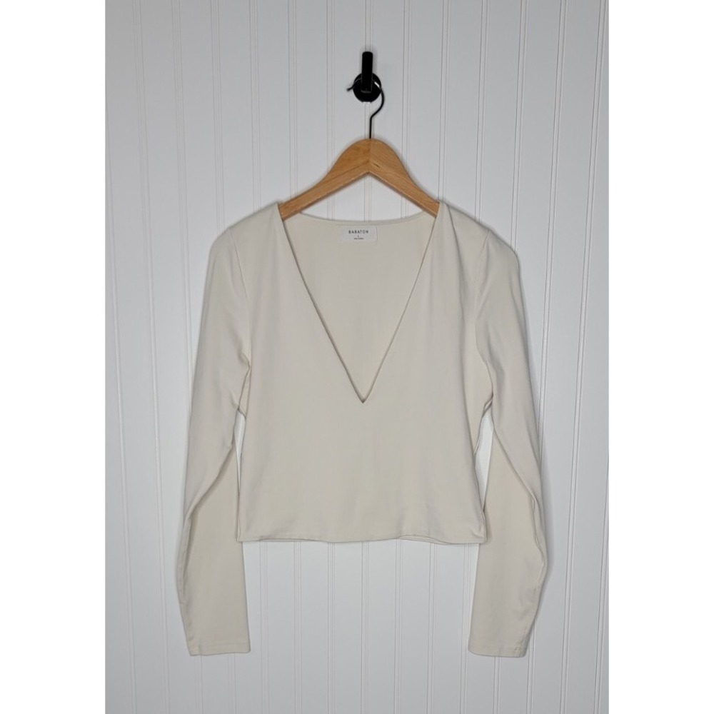 Aritzia Babaton Contour Cream /Beige Long Sleeve V Neck Top Women's Size Large